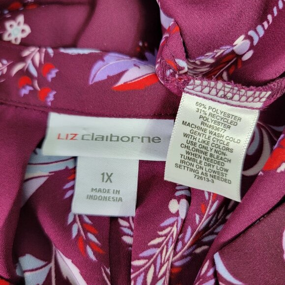 Liz Claiborne Womens Top Plus Size 1X Purple Floral Flutter Sleeve Pleated VNeck - Picture 5 of 6